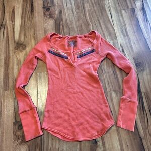 Free People Rare Jacquard Waffle Knit Thermal Henley Top Coral Boho Y2K Small